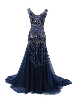 US14 Beading Navy Chiffon Prom Dress
