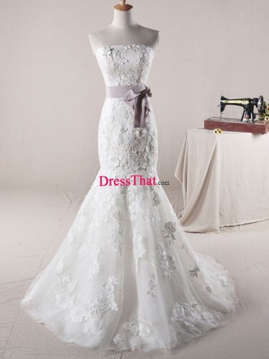 2013 Elegant Real Sample Strapless Mermaid White Lace Purple Sash Floor-length Brush Train Wedding Dress WD-50397