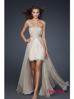 Chic 2013 Strapless A-line Asymmetric Lace Applique Ruffles Inexpensive Chiffon Prom Dresses Under 150 Sale  PD-4159