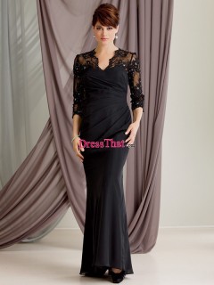 Black Elegant Chiffon Sheath Lace Sleeves Scalloped Neck Long Evening/Mother of the Bride Dress MBD-50432