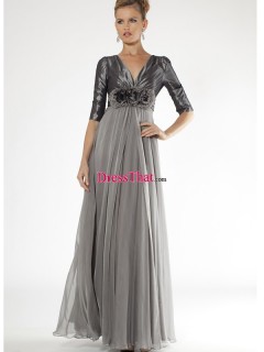 Elegant Modest A-line V-neck Long Handmade Flowers Mother of the Bride Dresses with Half Sleeves MBD-50491