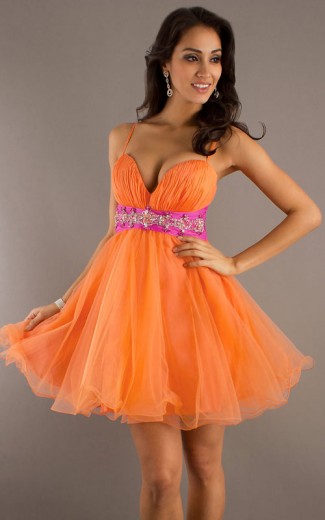 Elegant Sexy Elegant Sweetheart Spaghetti Straps Beaded Short Orange Inexpensive Homecoming Dresses HD-1087