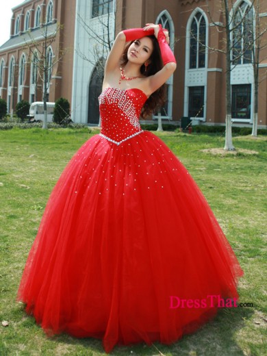 2013 Popular Glamorous Red Floor-length Ball Gown Beaded Sequined Tulle Prom/Quinceanera Dress PD-50230