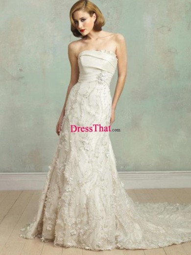 Floral Vintage Slim A-line Strapless Handmade Flowers Brush Train Ivory Satin Wedding Dress WD-50408