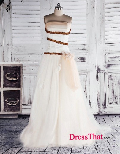 Simple Floor Length Strapless Flowers Decorated Natural Tulle Cheap Prom Dresses Under 150