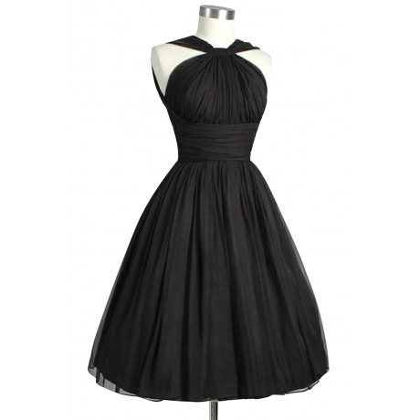 Retro A-Line Halter Knee-Length Black Tulle Homecoming Dress with Ruffles