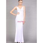 Best Selling Simple V-neck Ruched Column Chiffon Cheap White Prom Dresses Under 150 Sale PD-4757