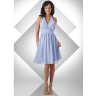 Charming A-line Light Blue Halter V-neck  Knee Length Pleated Flower Satin Cheap Bridesmaid Dress Under 100  BD-4046