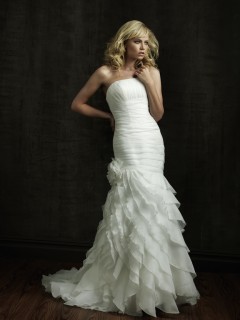 2012 Stunning A-line Strapless Reched Asymmetrical Flower Chapel Train Layered Organza Wedding Dress  WD-4041