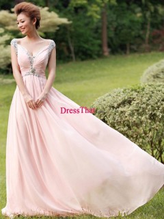 2013 New Modern Elegant Princess V-neck Straps Beaded Ruched Long Chiffon Evening/Party Dress ED-50345