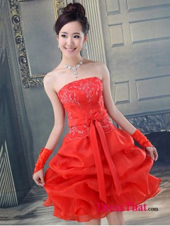 2013 Short Red Princess Strapless Embroidery Bow Bubble Romantic Organza Wedding Dress WD-50224
