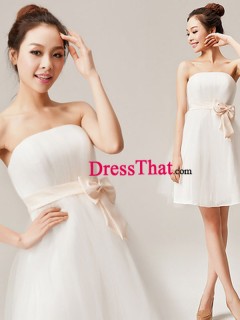 2013 Simple Elegant Princess Strapless Bow Sash White Tulle Knee-length Wedding Bridesmaid Dress BD-50260