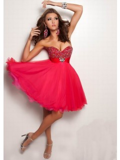 Attractive Sweetheart A-line Beaded Tulle Short Red Homecoming DressesProm Dresses Under $150 HD-2139