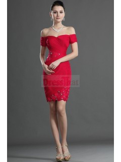 Modern Sheath/Column Off the Shoulder Red Satin Cocktail Dresses CD-30147