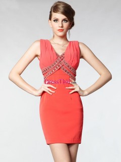 Elegant A-line V-neck Knee-length Ruched Beaded Evening/Cocktail Dresses CD-50472