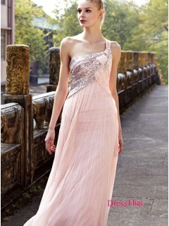 Elegant One Shoulder Sequins Ruched Long Pink Ruffles Cheap Prom Dresses Under 150 Sale PD-4694