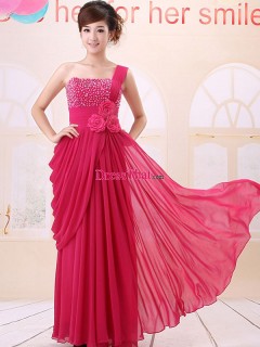 Elegant Princess One Shoulder Beaded Handmade Flowers Pleats Floor-length Prom/Evening Dress PD-50360