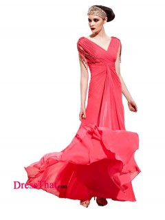 Flattering Floor Length V-neck Ruched Ruffles Affordable Pink Prom Dresses Under 150 PD-4714