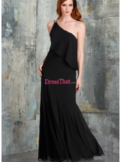 Generous One Shoulder Column Black Chiffon Ruffles Long Inexpensive Prom Dresses Under 150 PD-4748