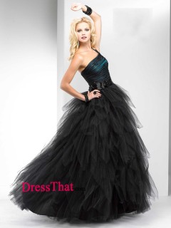 Generous One Shoulder Ruched Beading Empire Layered Tulle Black Prom Dresses Under 200 Sale PD-4716