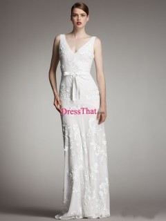 Glamourous Tank Straps V-neck Lace Applique Floor Length Affordable Wedding Dresses Under 200 WD-4755
