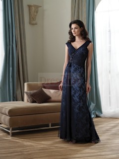 Modern Sheath/Column V-neck Dark Navy Satin Mother Of Bride Dresses MBD-30171