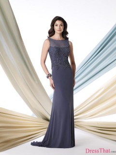 Elegant Sheath Scoop Lace Appliques Beading Long Chiffon Mother of The Bride Dress MBD-9168