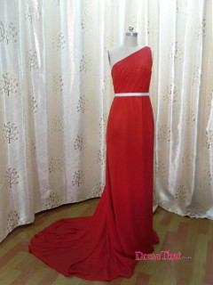 One Shoulder Column Ruched Court Train Ruffles Red Affordable Prom Dresses Under 150 PD-4687