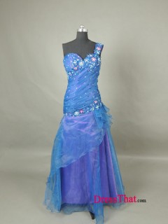 One Shoulder Sweetheart Ruched Beading Rhinestone Royal Blue Organza Prom Dresses Under 150 Sale