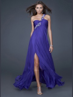 Best Selling Sexy One-shoulder Princess Ruched Appliques Long Chiffon Prom Dress Under 150 PD-9015