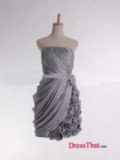 Strapless Ruched Sheath Taffeta Flowers Embellished Mini/Short Cocktail Dresses/Homecoming Dresses