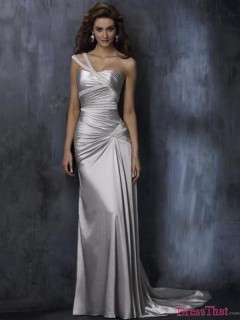 Elegant Mermaid One-shoulder Beading Ruched Long Elastic Satin Wedding Dress WD-9158