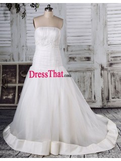 White Organza Ruched Princess Strapless Embroidery Long Discount Real Sample Wedding Dress WD-50256