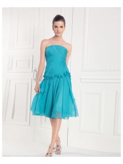 2012 Fashion Style Strapless Beaded Handmade Flower Sheath Knee-length Chiffon Bridesmaid Dress  BD-4017