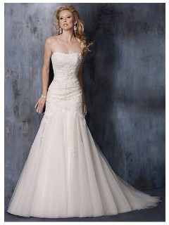 Charming A-line Strapless Lace Applique Chapel Train Mermaid Tulle Wedding Dresses Under 200  WD-4131