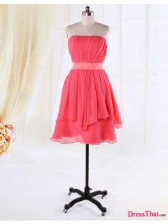 Simple Elegant A-line Strapless Ruched Pink Chiffon Satin Sash Bridesmaid Dress BD-50056