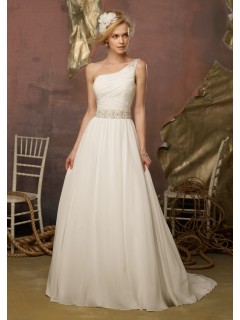 Classic A-line One-shoulder Chiffon Criss-cross Beading Wedding Dresses WD-3114