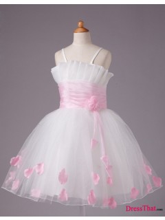 Cute Spaghetti Straps Appliqued Tea-length Bow Decorated Tulle Flower Girl Dresses FD-2337