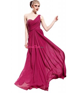 Elegant Mature Princess One Shoulder Beaded Ruched Fuchsia Chiffon Long Evening/Prom Dress ED-50422