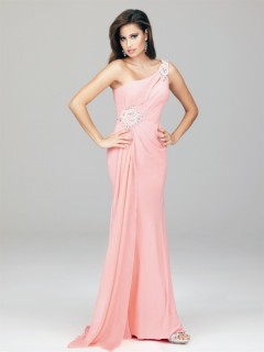  A-line One Shoulder Beaded Unique Rhinestone Chiffon Pearl Pink 2013 Evening/Prom Dressses ED-1141