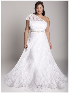 Gorgeous A-line One Shoulder Crystal Floor Length Plus Size Lace Wedding Dresses Under $200 