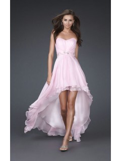 Hot Selling Sweetheart Strapless Sleeveless High Low Ruched Natural Elegant Chiffon Pink Homecoming Dresses HD-1051