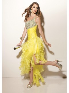 Fantastic Summer Top Selling One Shoulder Beaded Ruched Sleeveless Fashion Asymmetrical Yellow Affordable Homecoming Dresses Under $ 150 HD-1057