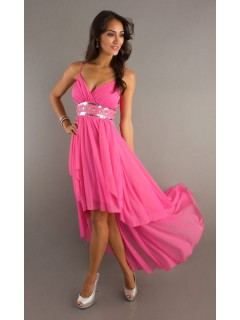 Hot Selling! Gorgeous A-line Spaghetti Straps Sequined High-Low Chiffon Homecoming Dresses