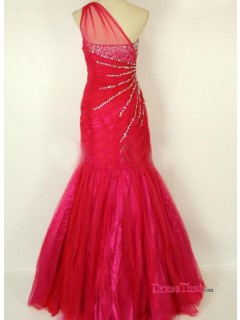 Red One Shoulder Sweetheart Beading Sequins Embellished Ruched Cheap Evening Dresses Under 150 ED-4686
