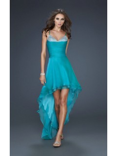 Gorgeous New Fashion Sweetheart Sleeveless Spaghetti Strap Ruched High Low Rhinestone Beaded Cheap Pink Homecoming/Evening Dresses HD-1038