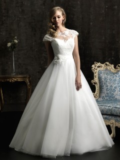Stunning A-Line Short-length Sleeve Flower Ball Gown Lace V-shaped Organza Back Wedding Dress  WD-4039