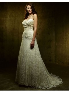 Unique A-line Ruffle Satin Bodice Two Layer Lace Skirt Court Train Wedding Dresses WD-3106