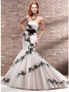 Unique Mermaid Strapless Black Applique White Satin Wedding Dress WD-3034