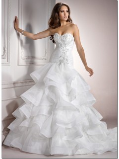Gorgeous Fashion Ball Gown Sweetheart Ruched Lace Appliques Tired Long Organza Wedding Dress WBD-678